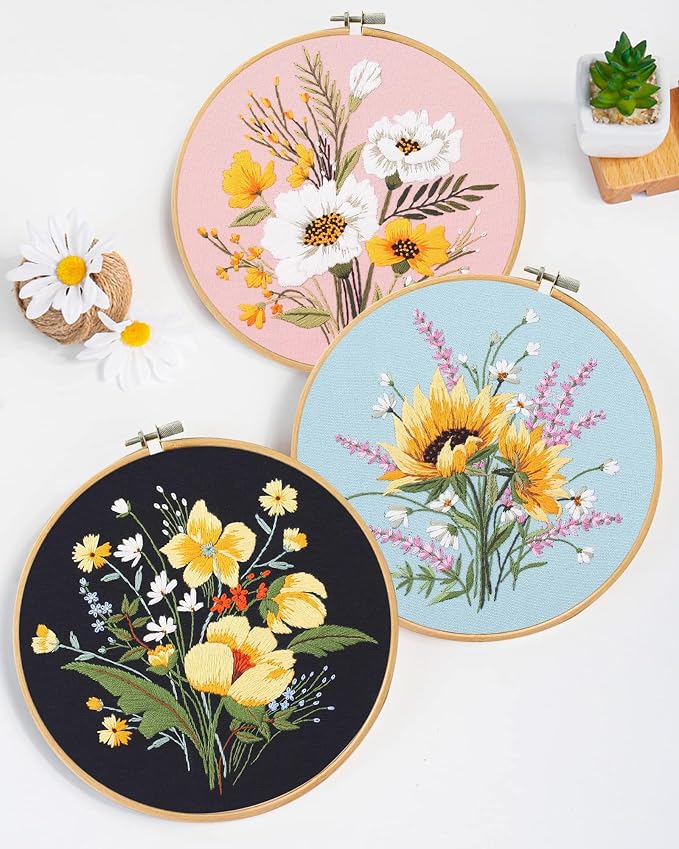 Santune 3 Pack Flower Embroidery Kit for Beginners Adults Cross Stitch Needlepoint Kits Hand Craft with Plant Patterns,3 Instructions,1 Hoop,Threads and 6 Needles