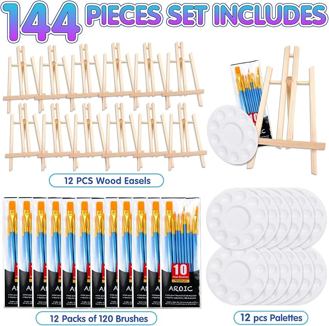144 PCS Professional Painting Set, 12 PCS Wood Easels,12 Pack 120 Brushes | with Nylon Brush Head and 12 PCS Palettes, Painting Supplies kit for Kids & Adults Party