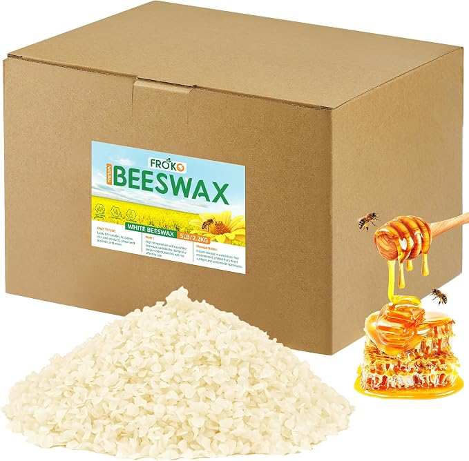 FROKO White Natural Beeswax Pellets 5LB, Organic Beeswax, Beeswax for Candle Making, Body, Skin Care DIY, Lip Balm, Soap and Lotion Making Supplies