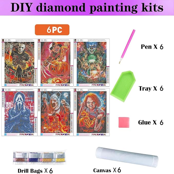 6 Pack Halloween Diamond Art Kits for Adults without Frame 12x16 Inch | Halloween Diamond Painting Kit Beginners, Horror 5D Gem Art for Adults with Round Gem Painting Gift Home Wall Decor