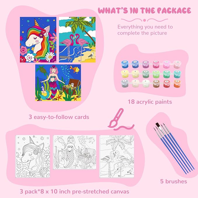 goldentime 3 Framed Canvas Paint by Numbers for Kids Ages 6 8 10 12 –Easy Paint by Numbers Kit for Kids and Adults –Unicorn Painting Kit for Girls, Mermaid Crafts for Girls Ages 6-8-12…