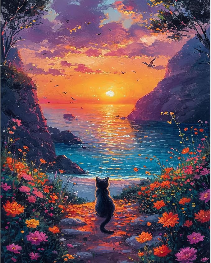 Sunset Paint by Numbers Kit for Adults Beginner Without Frame 16x20 IN | Mountain Lake Scenery Paint by Numbers for Adults, Cat DIY Acrylic Painting, Stress Relief Craft Kits, Home Wall Decor Gift