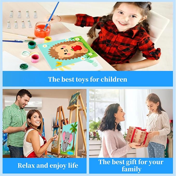Arttoplus 4 Pack Paint by Numbers Kit for Kids with Frame Animals 8x8in | Animals Kids Paint by Numbers Ages 4-8-12 with Wooden Easel,Easy Cute DIY Acrylic Oil Painting by Number for Gift Home Decor