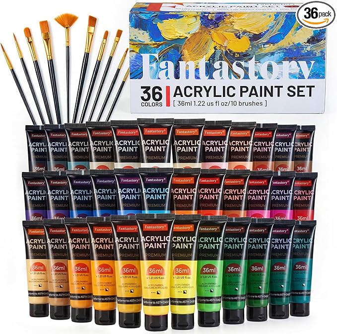Fantastory 36ml 36 Colors Acrylic Paint Set with 10 Brushes | Excellent Coverage, High Light Fastness, Waterproof, Includes Extra White & Gold, for Canvas, Wood, Ceramics, Models