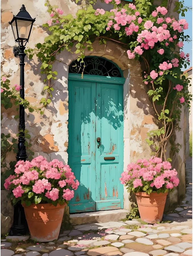 pchmcu DIY Streetscape Paint by Numbers Kits for Adults,Flower Door Scenery Paint by Number for Adults Beginner,Paint by Numbers Kits on Canvas Without Frame for Home Wall Decor 16x20inch