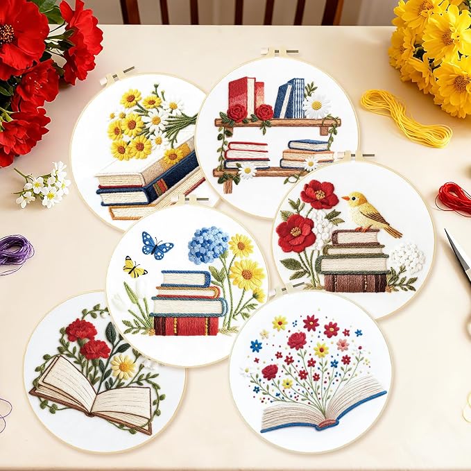 BEUNITONE 6 Set Books Flowers Embroidery Kit for Adult Beginners with Hoops and Instructions Literary Themed Needlepoint Craft Kits Complete DIY Handmade Cross Stitch Set for Book Lovers Home Decor