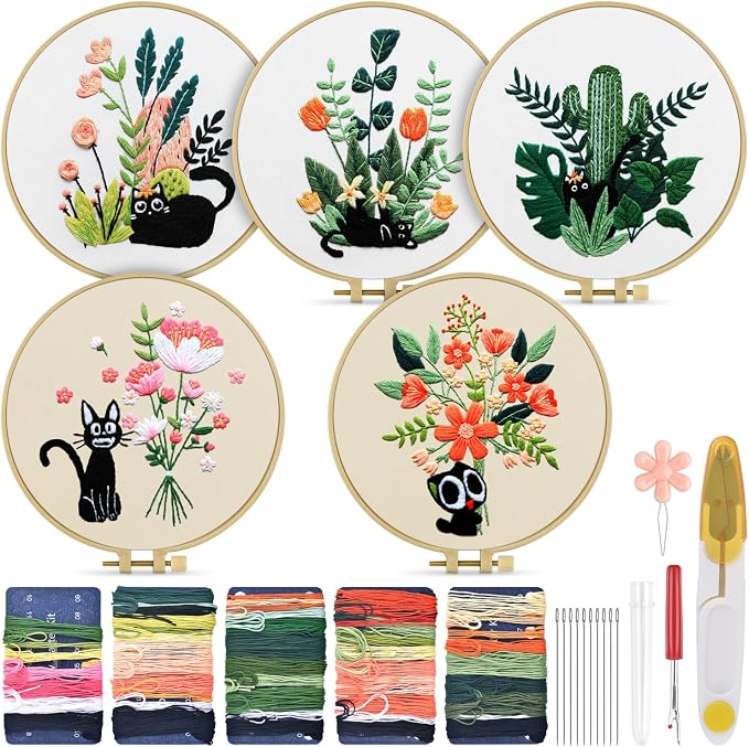 TINDTOP Embroidery Kit for Adults, Embroidery Kit for Beginners Include Embroidery Cloth Hoops Threads for Craft Lover Hand Stitch with Embroidery Skill Techniques (Black Cat) | with Stamped Patterns, Hoop, Tools, Colorful Threads with Needles, Instruc...