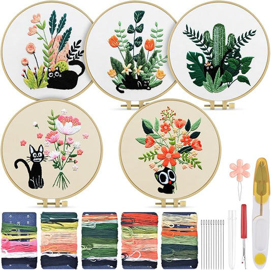 TINDTOP Embroidery Kit for Adults, Embroidery Kit for Beginners Include Embroidery Cloth Hoops Threads for Craft Lover Hand Stitch with Embroidery Skill Techniques (Black Cat) | with Stamped Patterns, Hoop, Tools, Colorful Threads with Needles, Instruc...