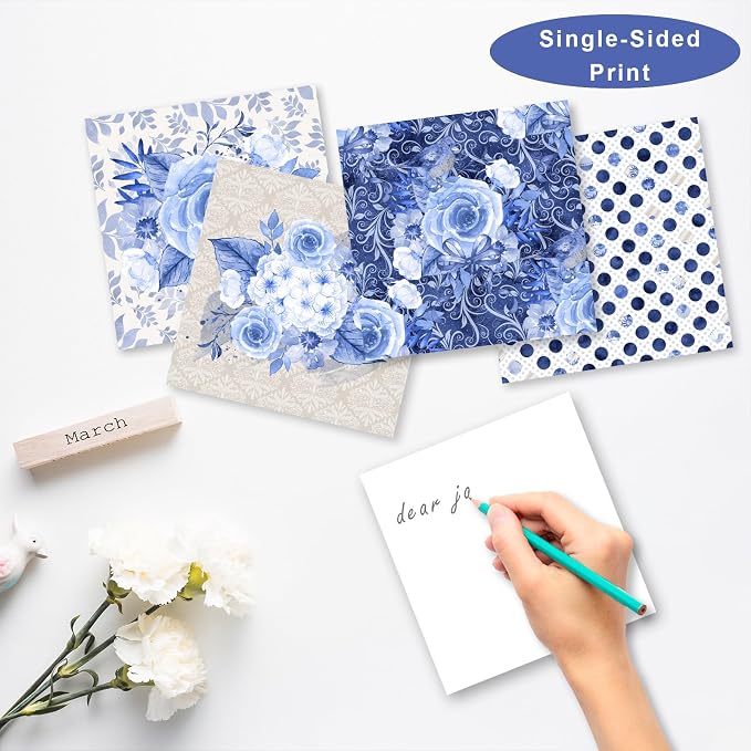 28 Sheets Scrapbook Paper, Floral Scrapbooking Specialty Papers 160gsm Cardmaking Craft Paper Pack Decorative Paper for Card Making (6"X6" Inch, Blue Flowers)