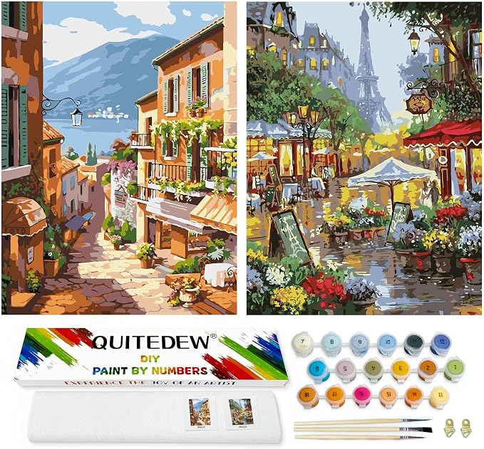 QUITEDEW 2 Pack Adult Paint by Numbers Kit in Colorful Box,11.8x15.7Inch | Paint by Number Kit for Adults,Adult Paint by Numbers,Town Oil Painting for Adults Garden Art Crafts for Home Decor