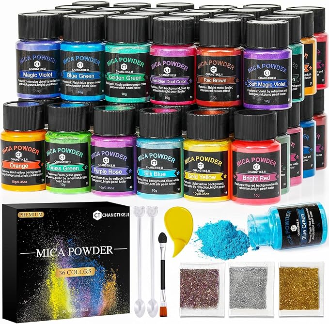 CHANGTIKEJI Mica Powder，36 Colors - 10g/Bottle of Natural Pigment Powder | for Epoxy Resin，Soap Making，Candle Making,Lip Gloss,Car Freshies,Dye,Nail Polish,Bath Bombs