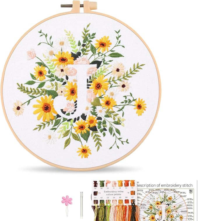 Harimau Letter J Pattern Embroidery Kit for Adult Beginners, Complete Starter Pack with 1 Hoop, Needles, Instruction Guide & Embroidery Stitch Video Tutorials