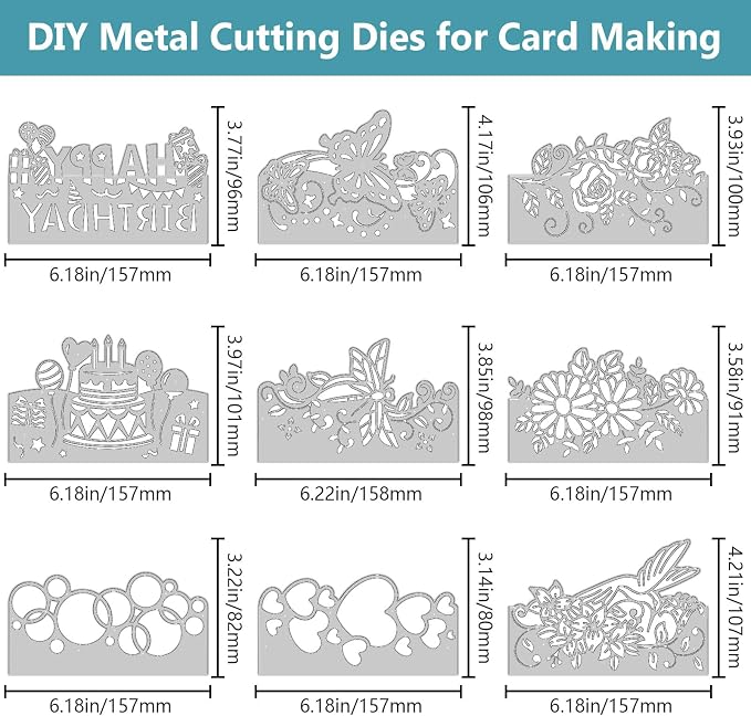 9PCS Die Cuts for Card Making Metal Cutting Dies Flower Butterfly Dragonfly Bird Bubbles Love Heart Happy Birthday Cake Cutting Embossing Stencil Template DIY Paper Cards Album Decoration