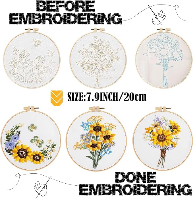 GLTAYLMY 3 Sets Embroidery Starter Kit with Pattern and Instructions, Cross Stitch Set, Stamped Embroidery Kits with 3 Embroidery Clothes with Pattern, 1 Embroidery Hoop(Sunflower)