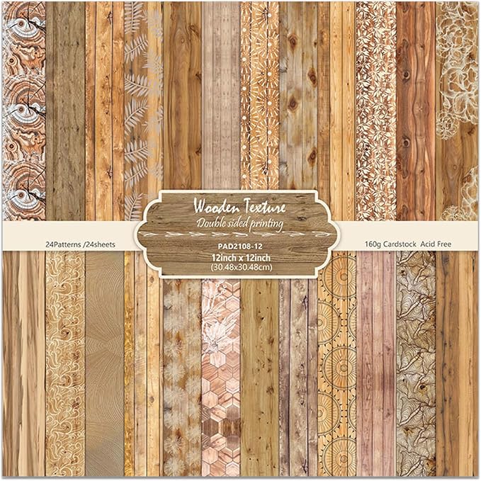 Wooden Texture Scrapbook Paper for Scrapbooking, 24 Sheets Double Sided Decorative Craft Patterned Paper for Junk Journals Greeting Cards 12x12 in