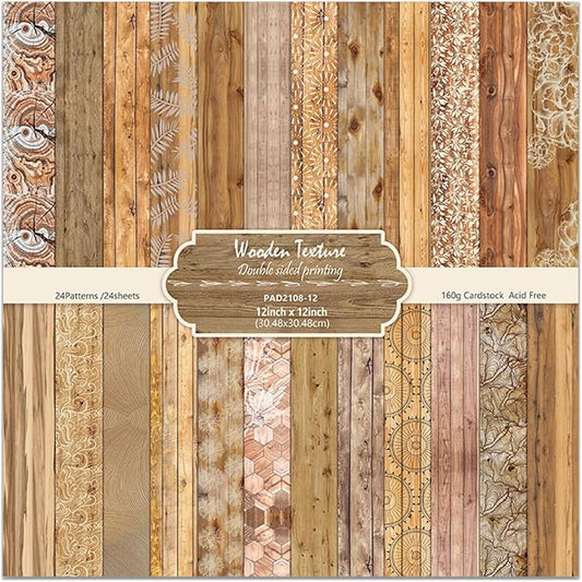 Wooden Texture Scrapbook Paper for Scrapbooking, 24 Sheets Double Sided Decorative Craft Patterned Paper for Junk Journals Greeting Cards 12x12 in