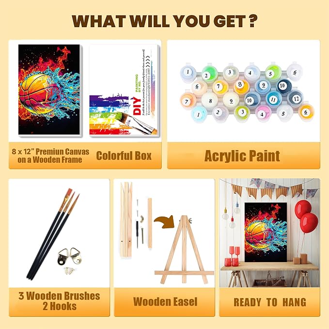 Basketball Paint by Numbers Kit for Kids with Framed Canvas - Wooden Easel | Ball Sports Paint by Numbers for Kids Ages 8-12, Acrylic Oil Painting Kits with Nice Gift Box for Wall Decor (12x8 inch)