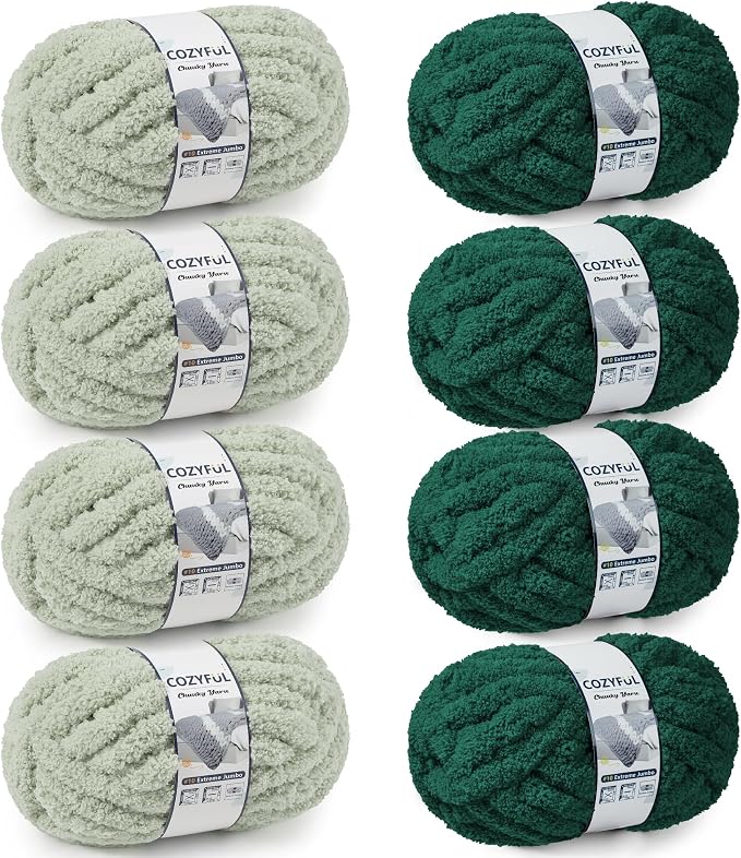 Cozyful Chunky Yarn for Hand Knitting - #10 Chunky Chenille Yarn, Jumbo Big Thick Chunky Yarns for Crocheting, Super Bulky Chunky Knit Blanket Yarns, 8 Skein (22yd, 8oz/Skein), Sage & Forest