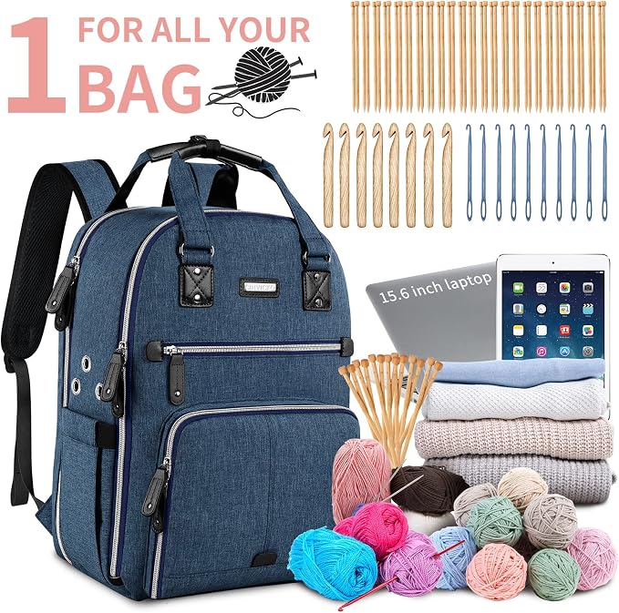 SINVICKO Crochet Bag, Knitting Bag Backpack and Totes Organizer with USB Charging Port, Large Yarn Storage Tote Bag