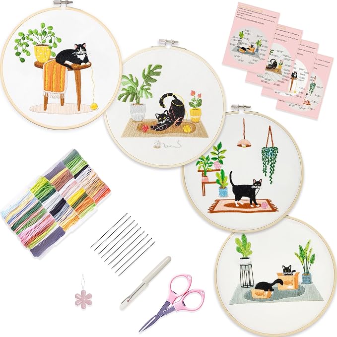 Bonroy 4 Sets Embroidery Set for Beginners, Art Craft, Easy Sewing, Includes Embroidery Clothing, Pattern, Embroidery Hoop, Instruction Manual, Colorful Thread Stitch Set (Cat)