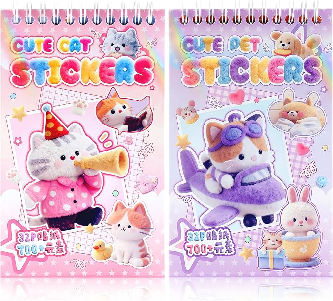 Tmtains 1400+ Cat Sticker Book with Meme Stickers 64 Sheets Die Cut Stickers for Scrapbook Journal Planner Phone case Cute Sticker Book Gifts with Premium Art Paper and Cute Design (Pink-Purple)