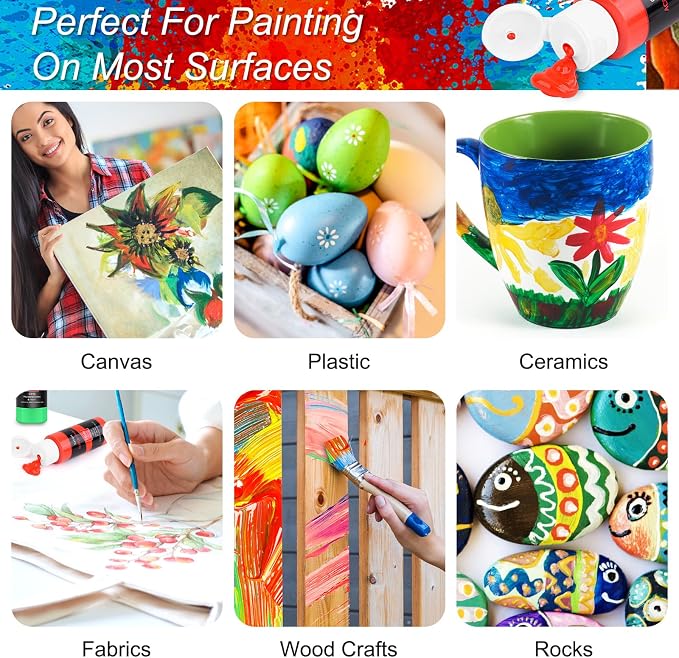 Caliart 24 Colors Acrylic Paint Set with 12 Brushes | Craft Painting kit for Adults Artists Beginners, Halloween Pumpkin Canvas Wood Rock Ceramic Fabric Art Supplies Paints