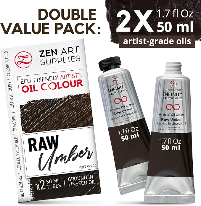 ZenART Professional Oil Paint Set - Artist Grade Raw Umber - 2x50ml | Non-Toxic, Buttery Consistency, Rich Pigment, Lightfast Oil Paints for Primed Surface Canvas, Fine Art, Portraits & Landscape