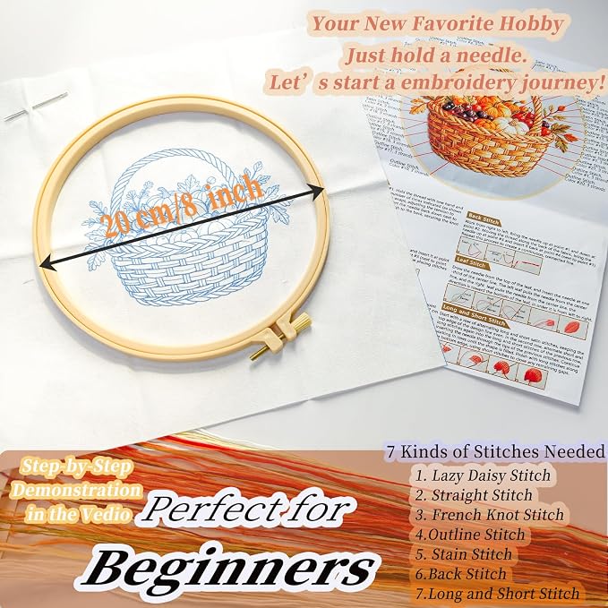 FONNUY Fall Embroidery Kit, Handmade Autumn Wreath Pre-Stamped Pattern for Beginners, Thanksgiving Harvest Home Decor, 8'' Hoop (Basket)