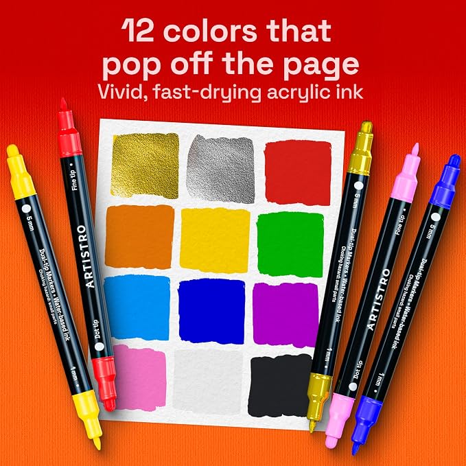 ARTISTRO Dual-Tip Acrylic Paint Marker Pens - Set of 12 | For Fabric, Rock, Glass, Wood, & Coloring Books, Arts & Crafts Gift, Classroom Must Haves & School Supplies (Dot & Fine Tips)