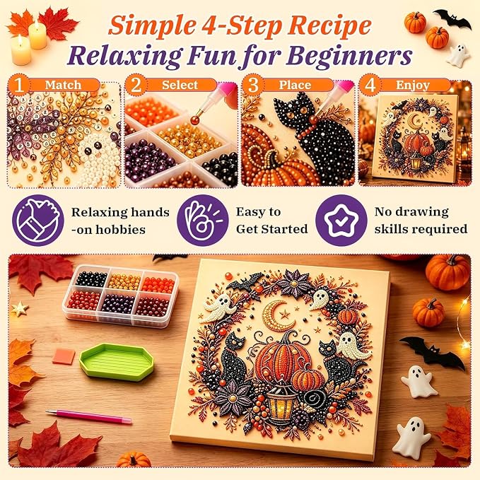 Irsnianianfa Halloween Pearl Art Kit for Adults,Diamond Art Painting Crafts Kit,Spooky Cute Witch & Pumpkin Canvas Art,DIY Fall Home Decor & Wall Art (A02)
