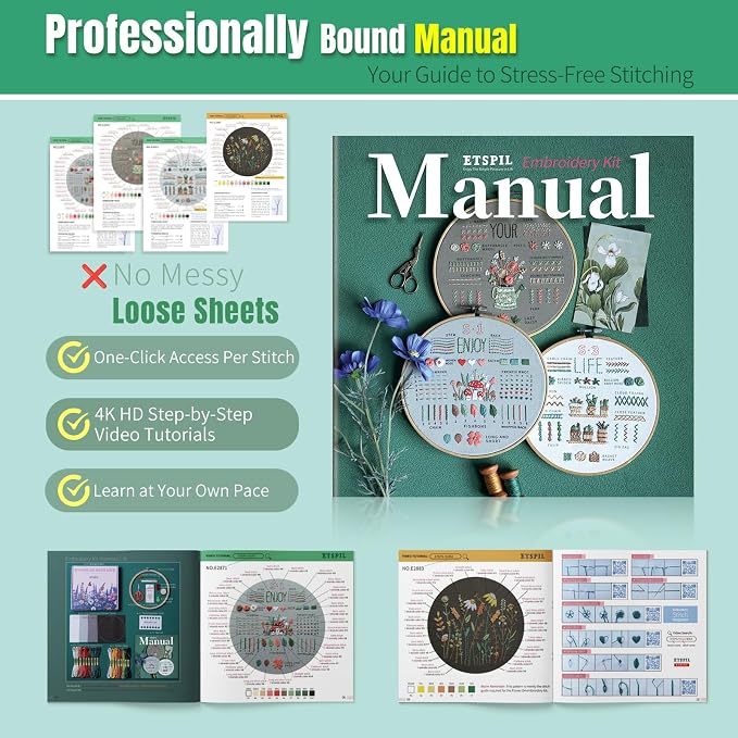 ETSPIL Embroidery Kit for Adults, 2 Hoops, 4K Slow-Mo, Pre-Printed Patterns | Stitch Together. 17 Vibrant Floss, Bound Guide. Needle Minder, Storage Tube, All Tools. No Washing. Relaxing Craft for Women