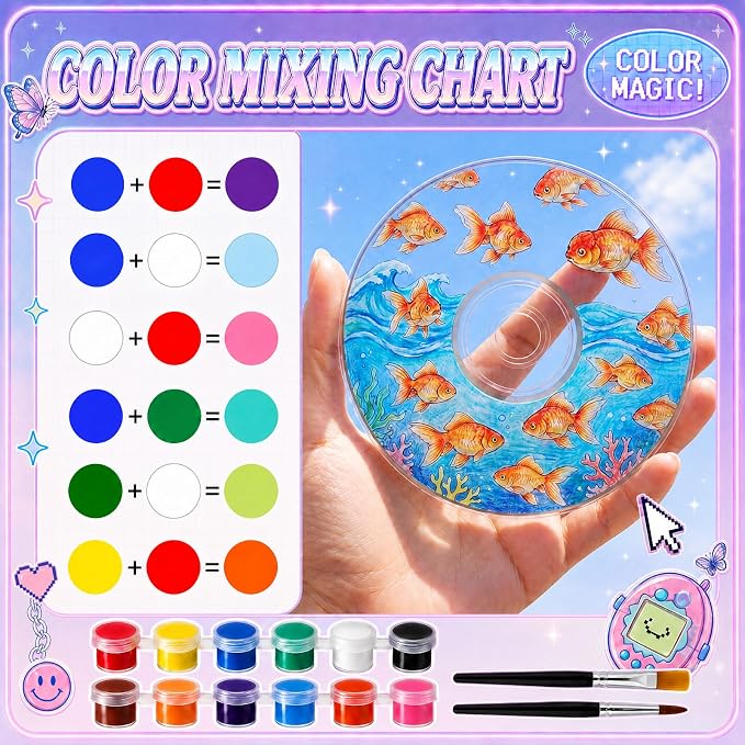 Sabary 29 Pcs DIY CD Painting Kit Painting Gift Include 24 Pcs 4.72'' Blank Cds 12 Colors Acrylic Paint with 2 Brushes Ideal for CD Art Craft Kit for Creative Projects Home Decor Activities (Clear)
