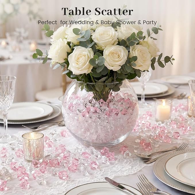 DomeStar Pink and Clear Fake Ice Rocks, 150 PCS Acrylic Crystal Vase Filler