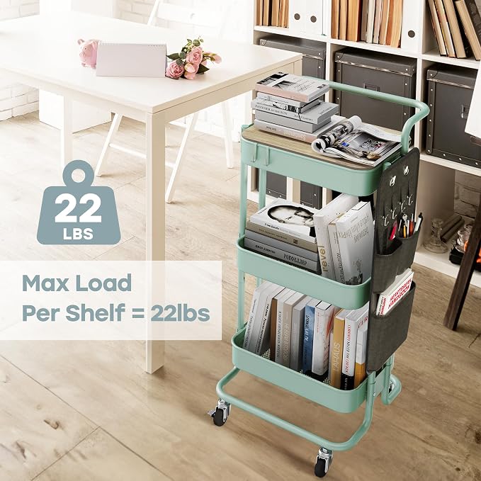 DTK 3-Tier Rolling Cart with Table Top, Metal Utility Cart with Side Bags