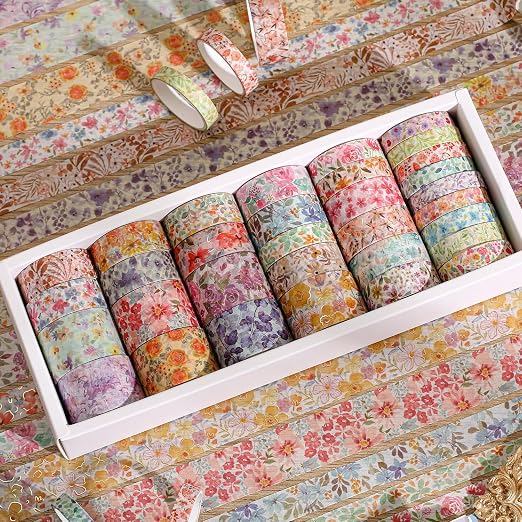 PAGEMORE 32 Rolls Washi Tape Set, Colored Floral Decorative Masking Tape, Artists Tapes for Junk Journal, Journaling, DIY Craft Projects, Scrapbooking Supplies Decor
