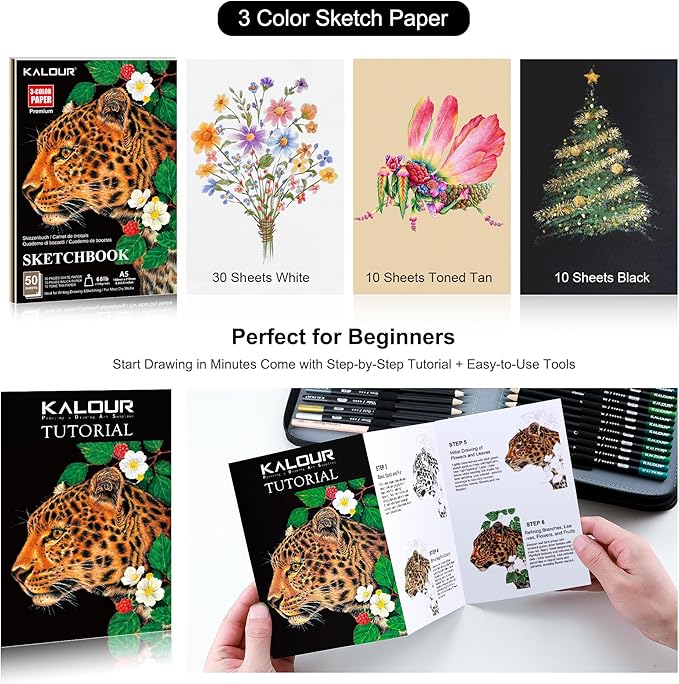KALOUR 120 Colored Pencils Set with Carry Case, Sketchbook, Blender, Sharpeners & Color Chart, Oil-Based Soft Core,Professional Art Supplies for Adults and Artists