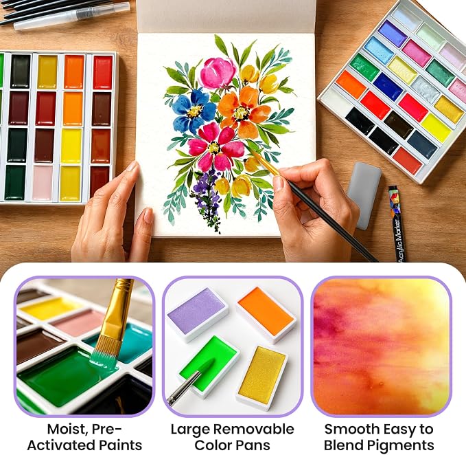 Chalkola 48 Semi Moist Water Colors Paint Adult Set - Professional XL Pans | Watercolor Paint Set with Painting Brushes, Water Color Pad & Art Supplies - Suitable for Adults, Kids, Beginner & Artists