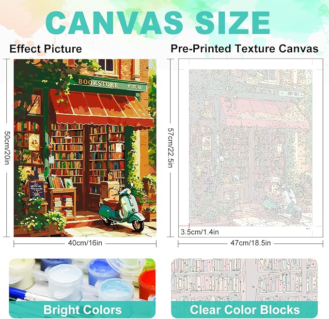Paint by Numbers Kit for Adults, Cozy Bookstore Painting, 16 x 20 Inch | DIY Adult Paint by Number Kit on Canvas for Beginners, without Frame, Literary Wall Decor, Stress Relief Craft Gift