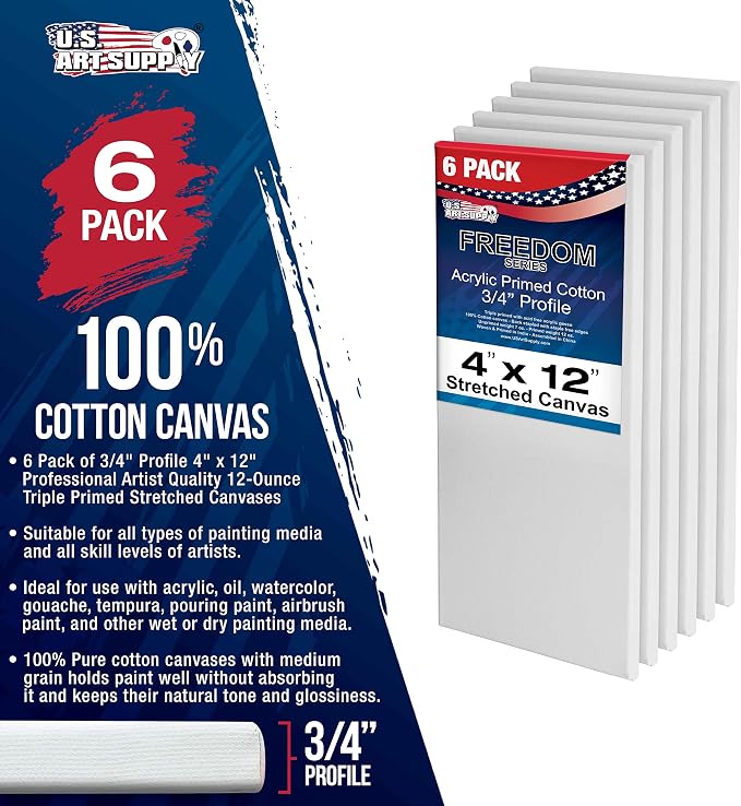 U.S. Art Supply 4"x12" Stretched Canvas for Painting, 3/4" Profile, 6-Pack