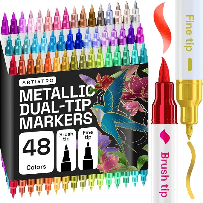 ARTISTRO 48 Metallic Dual-Tip Acrylic Paint Marker Pens for Drawing | For Fabric, Rock, Glass, Wood, & Molds, Arts & Crafts Gift for Adults, Teens, & Kids, Classroom Must Haves & School Supplies