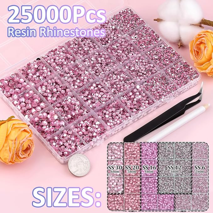 25000Pcs Resin Rhinestones for Crafting, Dark Pink 2-6mm Mixed Sizes Non Hotfix Flatback Gems with 1Pcs Glue, Bedazzling Crystal for DIY Craft Clothing Mugs Tumblers Shoes Fabric Decor Nail Art
