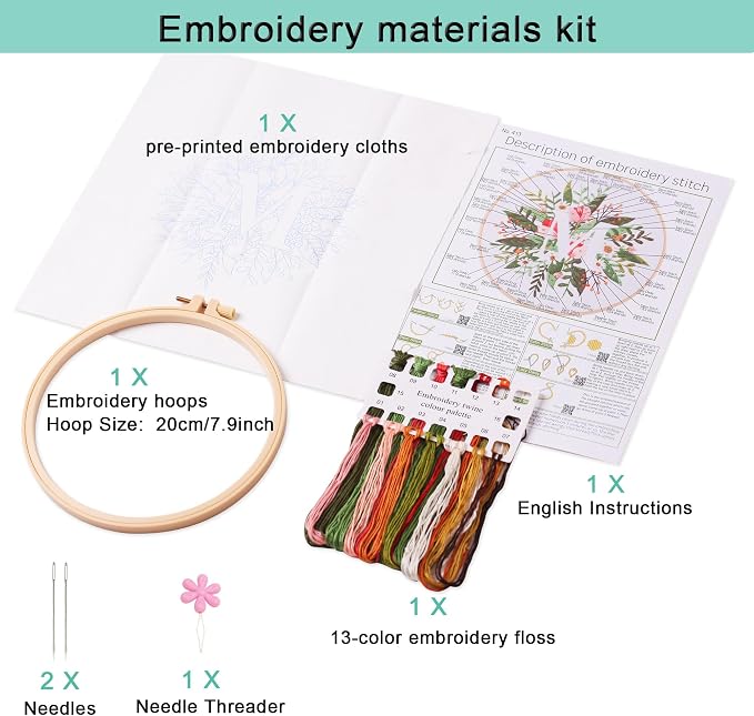 Harimau Letter M Pattern Embroidery Kit for Adult Beginners, Complete Starter Pack with 1 Hoop, Needles, Instruction Guide & Embroidery Stitch Video Tutorials