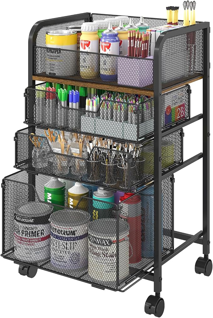 4-Tier Rolling Utility Cart with 3 Drawers-Craft Organizers and Storage with 360° Lockable Wheels,Art Supply Storage Organizer for Art Supplies, Store for Brushes & Paints & Artifacts Patent Pending