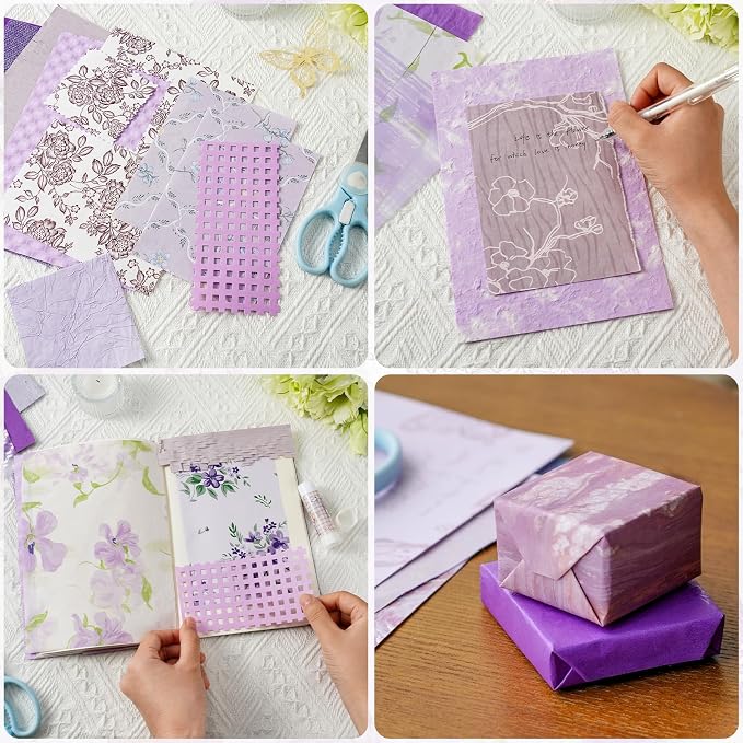 50 Sheets Unique Handmade Textured Scrapbook Paper & Mesh Fabric Set - Junk Journal Supplies Craft Paper for Scrapbooking Journaling Supplies for Junk Journal Retro Crafts（Purple）