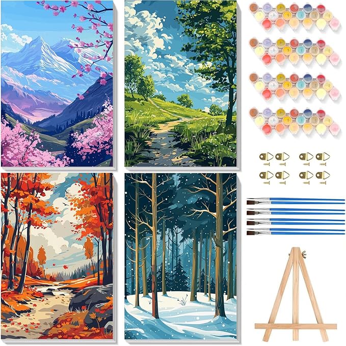 4 Pack Framed Paint by Numbers Kit for Adults Beginners, Four Season 8x12in | Adult Paint by Number Kits on Canvas with Wooden Easel, Landscape DIY Acrylic Oil Painting by Numbers for Gift Home Decor