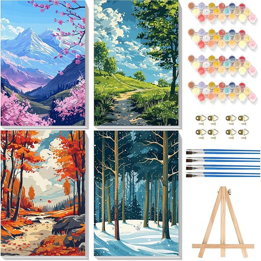 4 Pack Framed Paint by Numbers Kit for Adults Beginners, Four Season 8x12in | Adult Paint by Number Kits on Canvas with Wooden Easel, Landscape DIY Acrylic Oil Painting by Numbers for Gift Home Decor