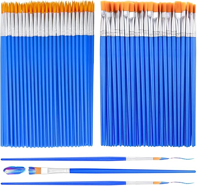 Small Paint Brushes Bulk, Anezus 100 Pcs Flat and Round Pointed Brushes Craft Paint Brushes for Classroom Watercolor Canvas Face Painting