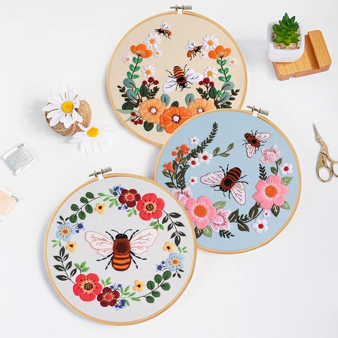 Santune 3 Pack Bee Embroidery Kit for Beginners Adult Cross Stitch Kits Hand Embroidery with Animal Patterns and Instructions,DIY Sets for Women with Hoop,Threads and Needles