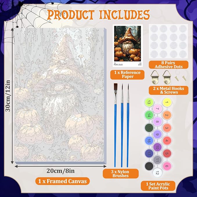 DOMROM Gnome Paint by Numbers Kit for Adults, Gnome DIY Acrylic Oil Painting on Canvas, Halloween Paint by Number Kit, Fall Home Decor Craft Gift 8x12 Inch