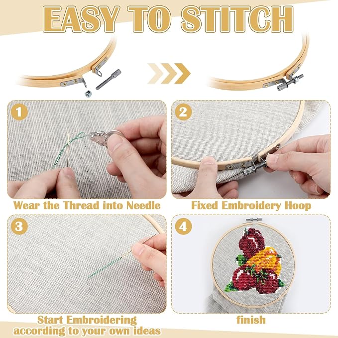 Mudder 53 Pcs Cross Stitch Kit with Embroidery Hoop Bamboo Needles,Red | Bamboo Hoop Rings Scissors Threading Tool Thimbles Bobbins Seam Ripper for Cross Stitch Embroidery Starter Projects